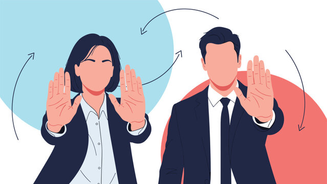 Two business professionals in suits holding up their hands in a stop gesture against a colorful background.
