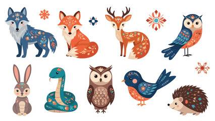 Obraz premium Collection of forest animals like fox, wolf, and deer decorated with traditional folk art floral patterns.