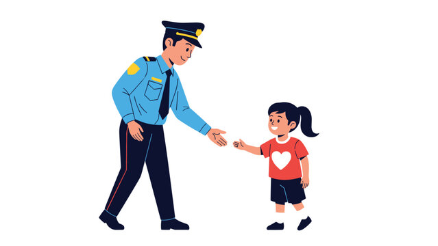 Friendly policeman in blue uniform bending down to shake hands with a little girl in a red heart shirt.