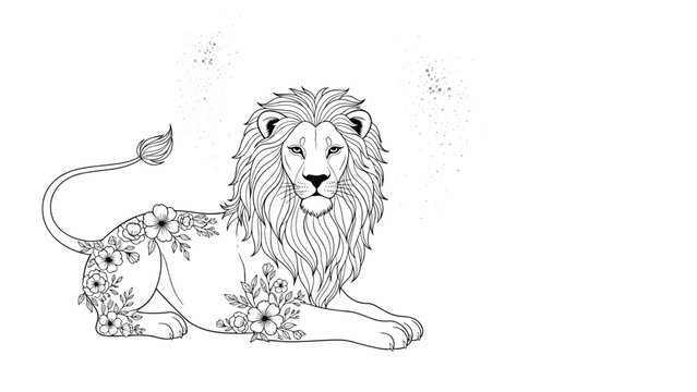 Intricate line art illustration of a lion lying down with decorative floral patterns on its body and tail.