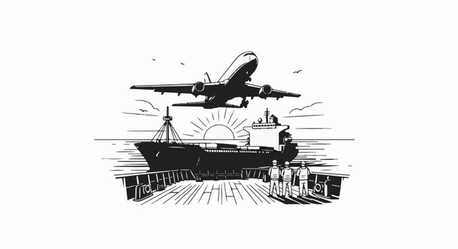 Aircraft flies over ship at sunrise with crew watching from deck