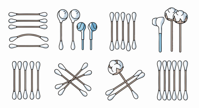 Assorted cotton swabs and cotton buds with blue tips and natural fiber