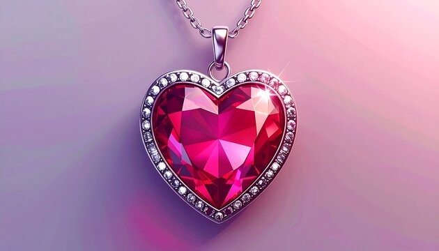 A close-up illustration of a heart-shaped, ruby pendant framed by small diamonds and a delicate silver chain