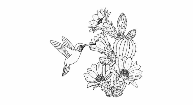 A detailed line drawing of a hummingbird feeding from a blooming cactus