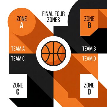 Infographic showing final four zones with basketball and team labels on white background