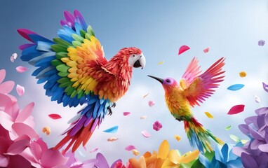 Fototapeta premium Vibrant 3D Illustration of Colorful Parrot and Hummingbird Among Flowers