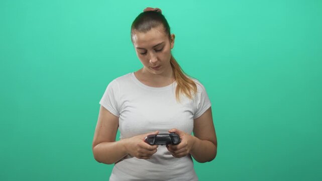 Woman holding gamepad with hands, playing controller and tilting head in studio; concentration leisure.