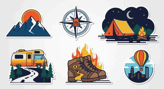 A collection of colorful, stylized outdoor adventure icons, including mountains, a camper, and a campfire