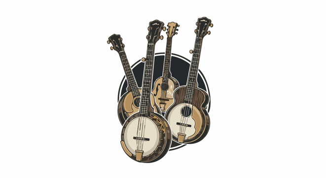 A collection of stringed instruments with banjos and guitars in warm tones