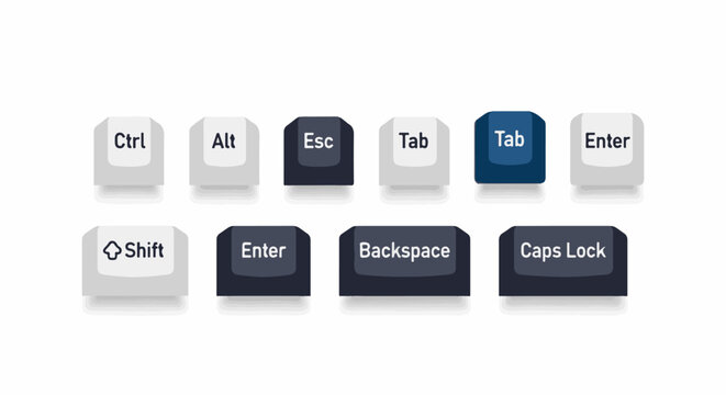 A collection of various computer keyboard keys including Ctrl, Alt, Esc, Tab, Enter, Shift, Backspace and Caps Lock