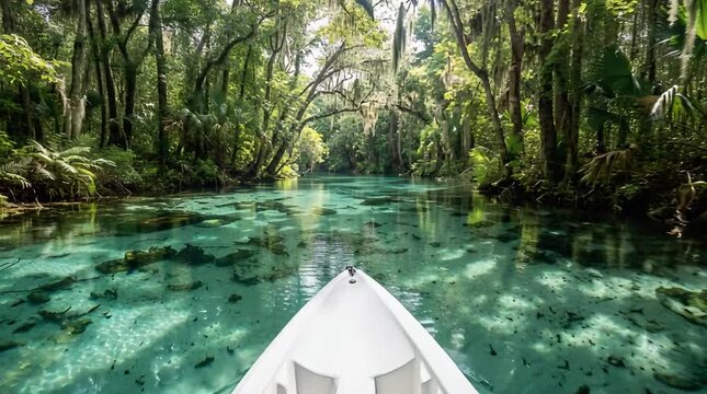 Tranquil Green River Flowing Through Lush Forest from Kayak Point of View With Crystal Clear Water and Sunlit Canopy