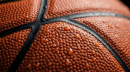Obraz premium Closeup of a wet basketball with water droplets on its textured orange surface with black lines