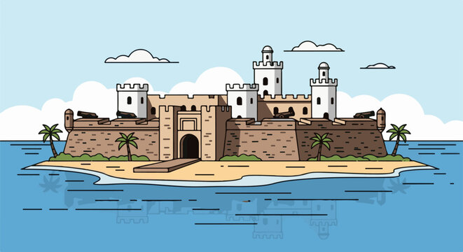 A fortified stone castle with towers and cannons sits on a sandy shore