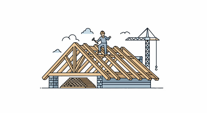 Builder works on wooden roof truss structure with crane overhead