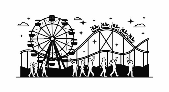Black and white illustration of an amusement park with a ferris wheel, rollercoaster, and people