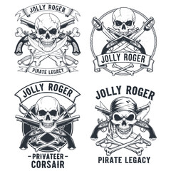 Fototapeta premium T-shirt design vector image of a pirate skull head with a gun in the background