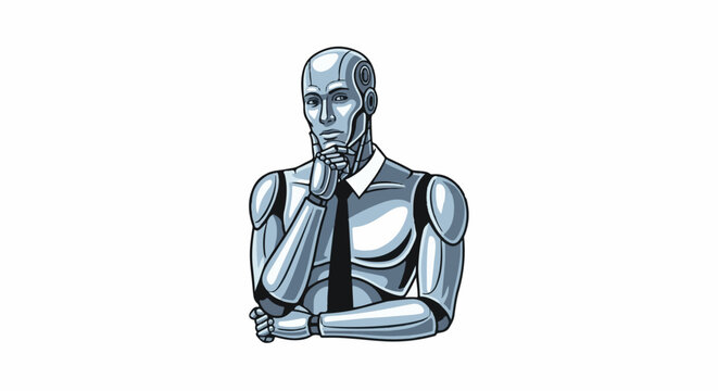 A polished, thoughtful robot in a shirt and tie ponders a problem