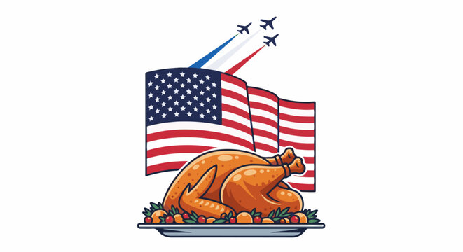 A roasted turkey sits on a platter in front of a waving flag with jets flying