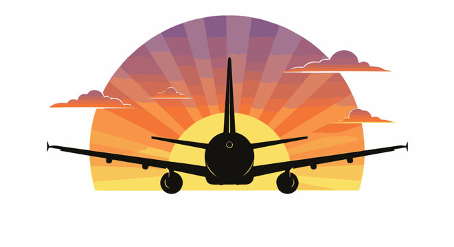 A silhouetted airplane takes flight against a vibrant sunset sky