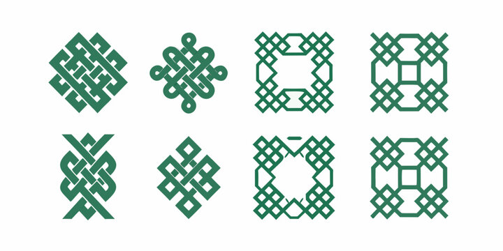 Collection of eight green celtic knot designs arranged in a grid