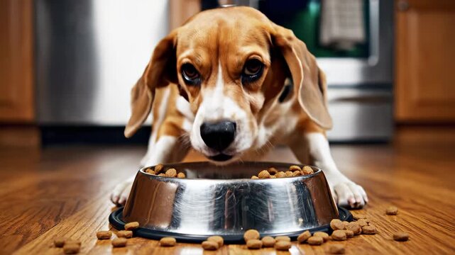 Cute Beagle Dog Eating Kibble From Metal Bowl on Wooden Floor.