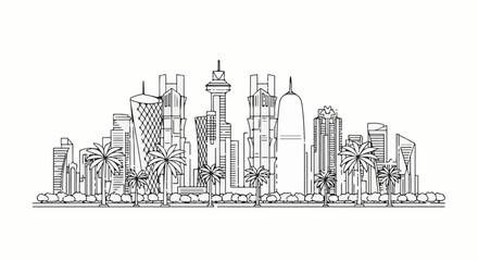 Obraz premium A monochrome line drawing of a modern city skyline with palm trees