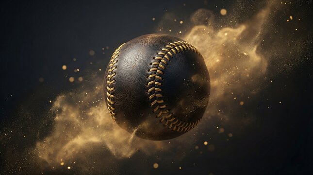 A black baseball with gold stitching surrounded by gold dust and particles on a dark background with smoke