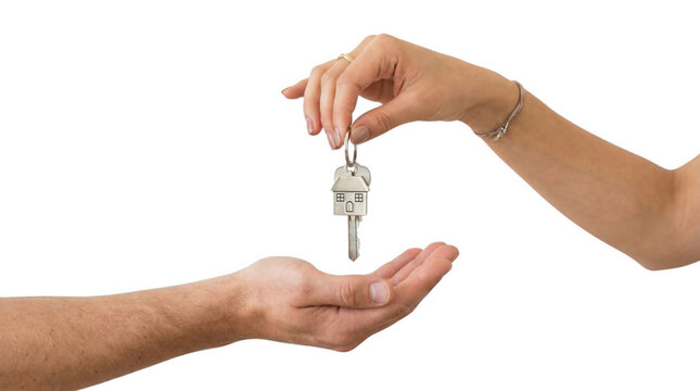 Real estate agent's hand giving house keys to a new homeowner. Isolated on transparent background, png