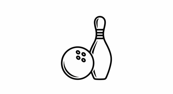 A simple line art graphic depicts a bowling ball and pin on a white background