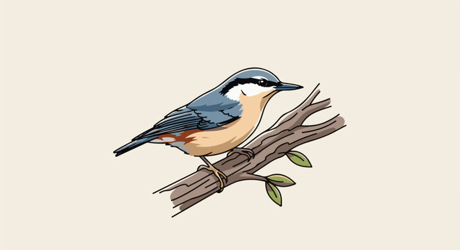 A nuthatch bird with blue, tan, and white plumage perches on a tree branch