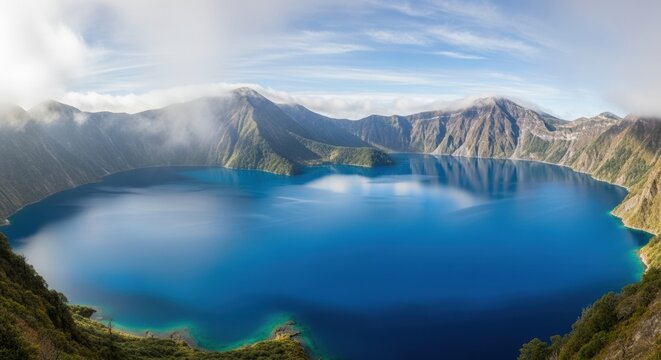 A volcanic crater lake, like Lake Mashu in Hokkaido, known for its deep blue clarity, mysterious