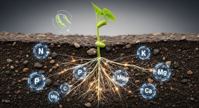 Young seedling growing in soil with digital infographic showing nutrient absorption through roots. Concept of smart agriculture, plant nutrition, and biotechnology.