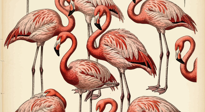 Vintage Illustration Pattern of Pink Flamingos