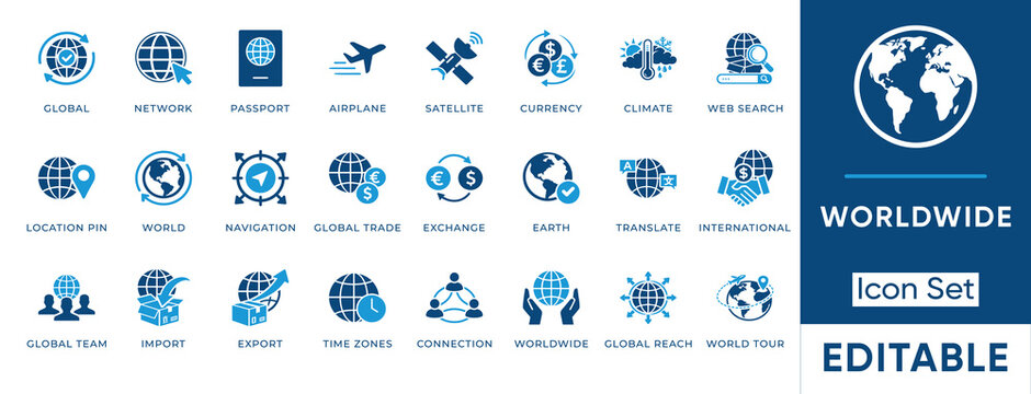 Worldwide icon set. Earth, international, global, world, network, sphere and globe. Solid vector icons collection.