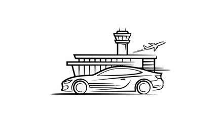 Fototapeta premium Car at airport with plane taking off