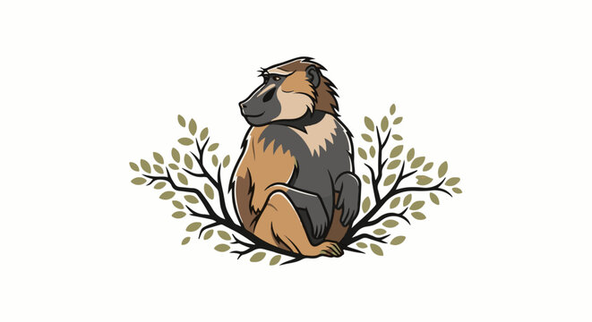 Cartoon baboon sits on a branch surrounded by stylized tree branches
