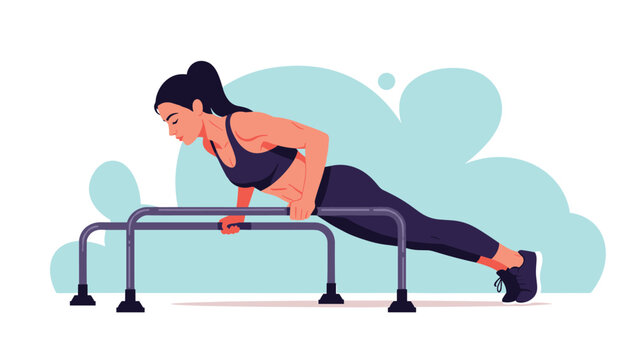 Strong woman in black workout gear performing push-ups on parallel bars against a stylized blue cloud background.