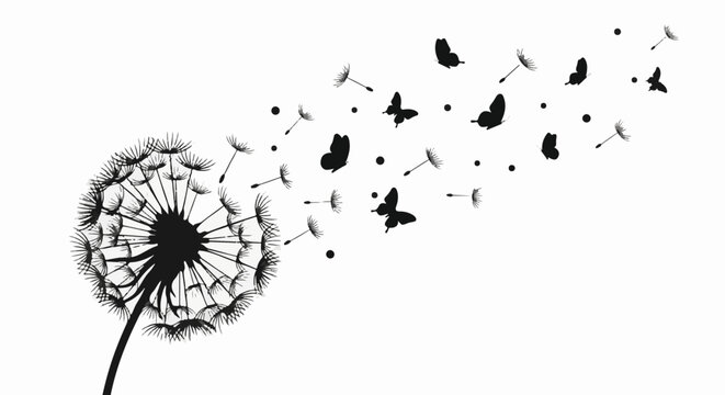 Black silhouette of a dandelion with seeds and butterflies blowing away