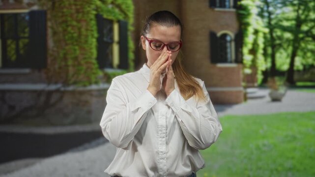 Woman covering nose and mouth with hands and closed eyes outside ivy clad brick building courtyard near gravel path and lawn wearing white shirt; anxiety reflection solitude.
