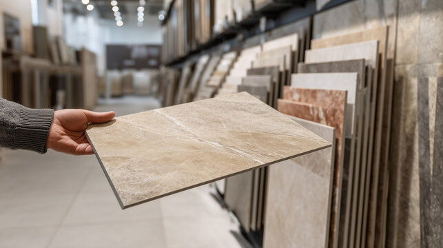 Hand selecting tile samples in store, interior design and home renovation concept with variety of textures and materials.