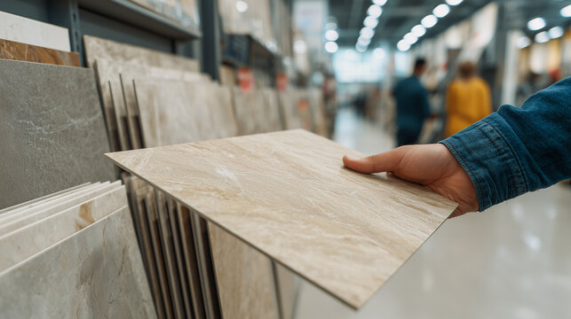 Hand selecting tile samples in store, interior design and home renovation concept with variety of textures and materials.
