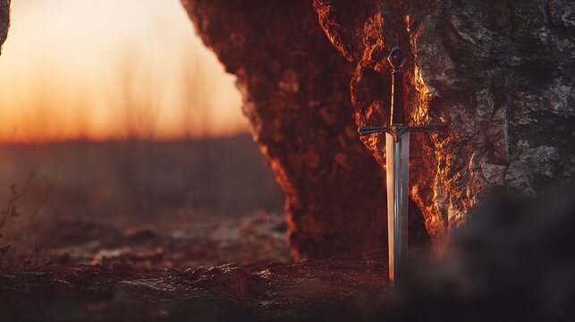 longsword. Medieval longsword in rocky crevice at sunset, blade reflecting warm light. inspiring travel planning, lifestyle magazines, designed for influencer and brand collaborations.