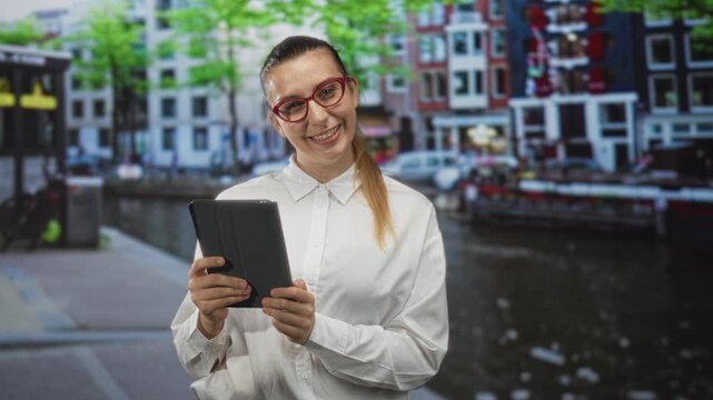 Woman in white shirt holding tablet with visible hands and smiling on street by canal buildings beside water; urban confidence.