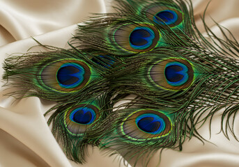 Fototapeta premium Peacock feathers on beige satin