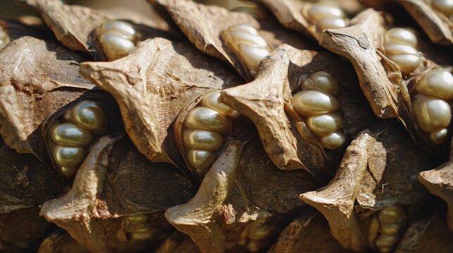 ovules. A pine cone with parted scales revealing tiny pearl-like ovules inside, botanical focus. gardening catalogs, home-decor guides, designed for home decor and floral branding.