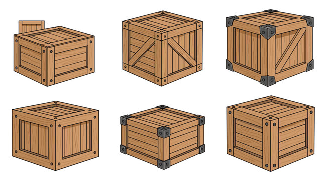 Collection of wooden shipping crates and storage boxes shown from different angles for cargo and logistics concepts.