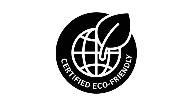 Certified eco-friendly logo featuring a globe with a leaf.