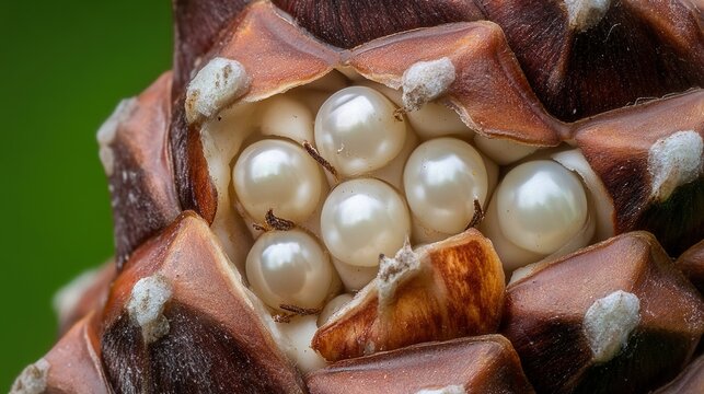 ovules. A pine cone with parted scales revealing tiny pearl-like ovules inside, botanical focus. gardening catalogs, home-decor guides, designed for home decor and floral branding.