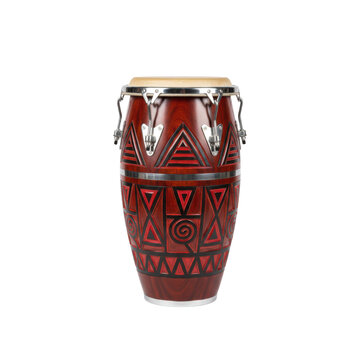 Traditional conga drum with polished dark mahogany, intricate hand-carved relief patterns, crimson geometric motifs, and rawhide head, rhythmic musical concept