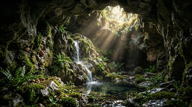Ultra detailed macro photography of a miniature cave waterfall flowing into a hidden pool inside a rocky cavern